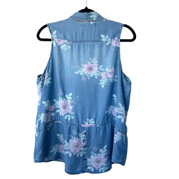 STANDARD GRACE Denim Look Western Floral Sleeveless Button Down Blouse Size M - Picture 2 of 6